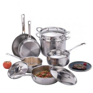 Momscook 11-Piece 3-ply Stainless Steel Dishwasher Safe Cookware Set, Silver